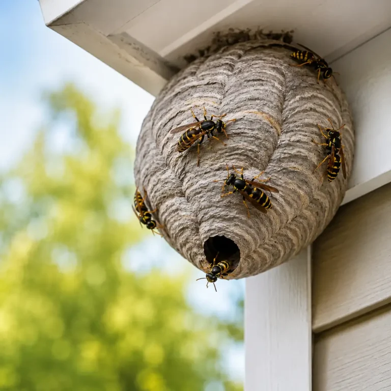 A wasp nest is attached to a house's eave, with several wasps on the textured surface. The background is blurred green foliage under a clear sky. (1)