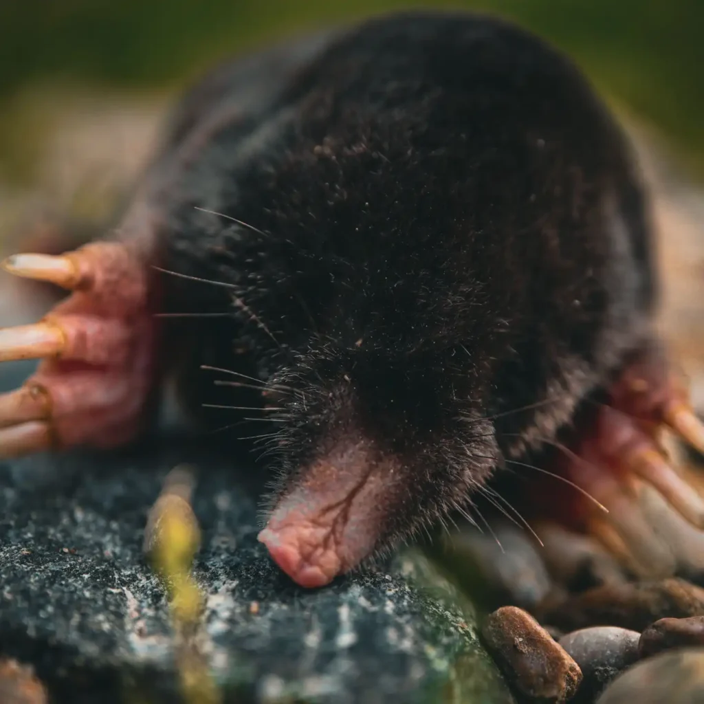 Close up of a small mole with soft, dark fur and prominent claws on pebbled ground. Its pointed snout is visible, conveying a sense of curiosity