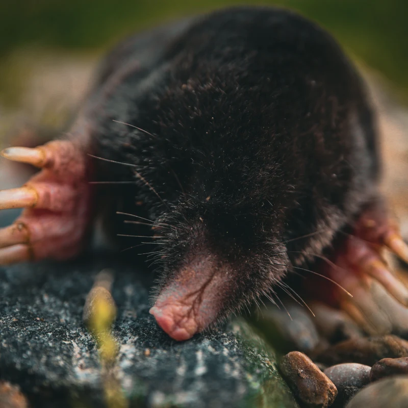Close up of a small mole with soft, dark fur and prominent claws on pebbled ground. Its pointed snout is visible, conveying a sense of curiosity
