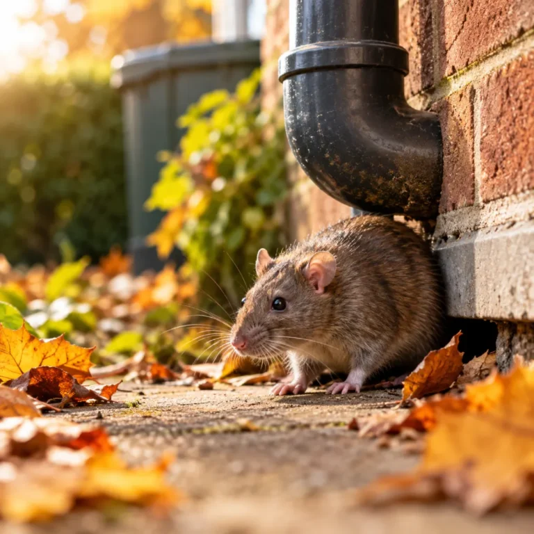 Brown rat pauses beside a brick wall and drainpipe, surrounded by autumn leaves in warm sunlight, creating an alert yet natural scene
