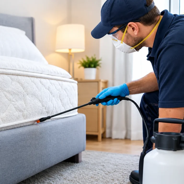 Pest control worker in mask and gloves sprays a mattress, while a red crossed out bedbug symbol highlights professional treatment.